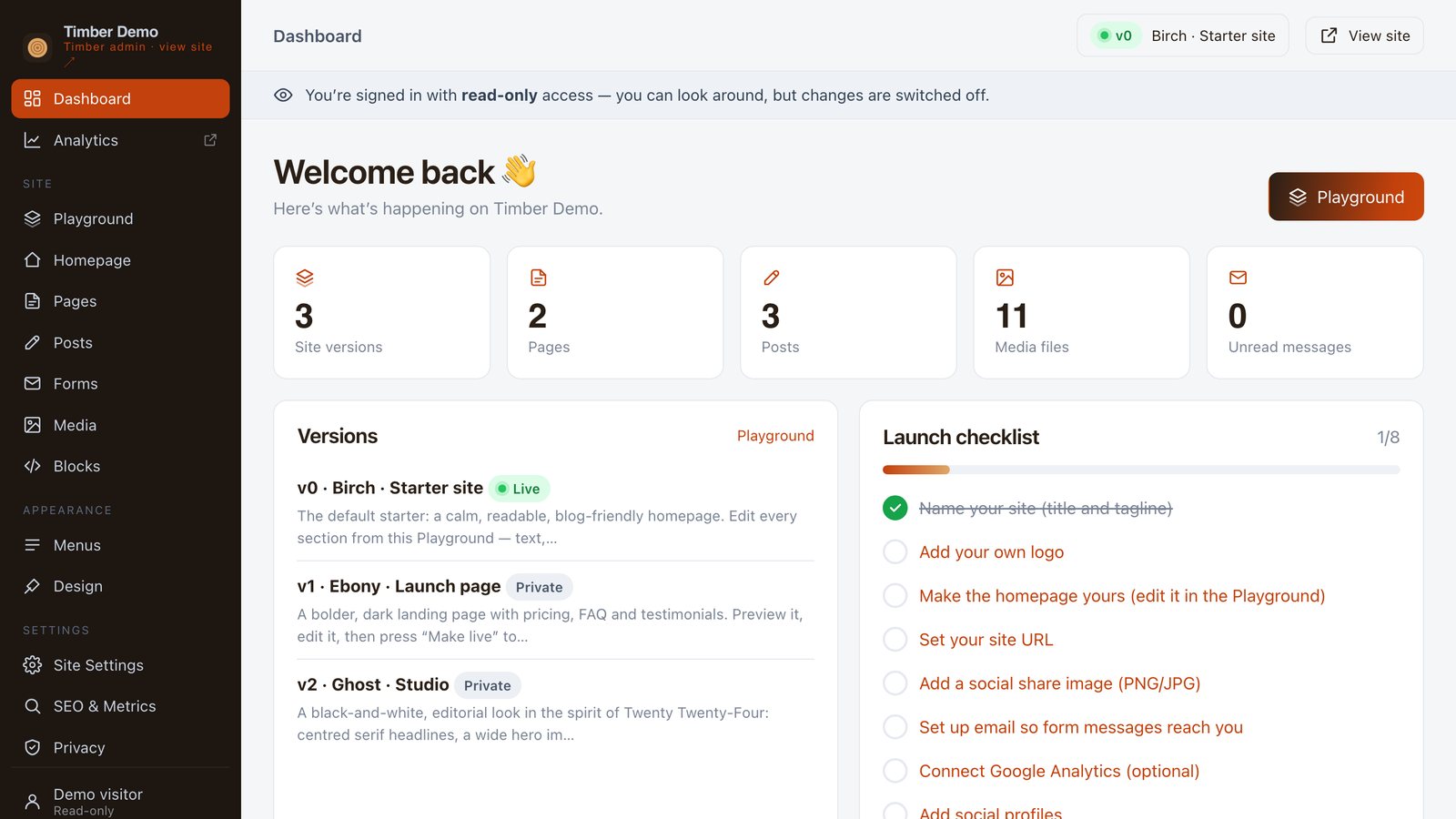 The Timber dashboard