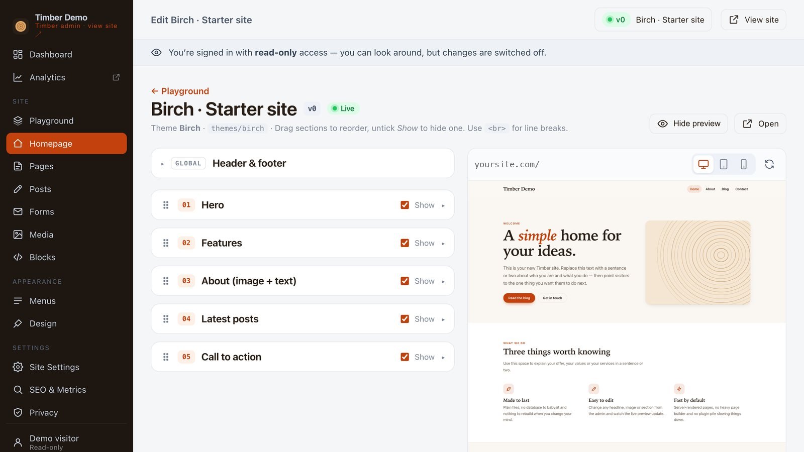 The Timber Playground editor listing the sections of a homepage
